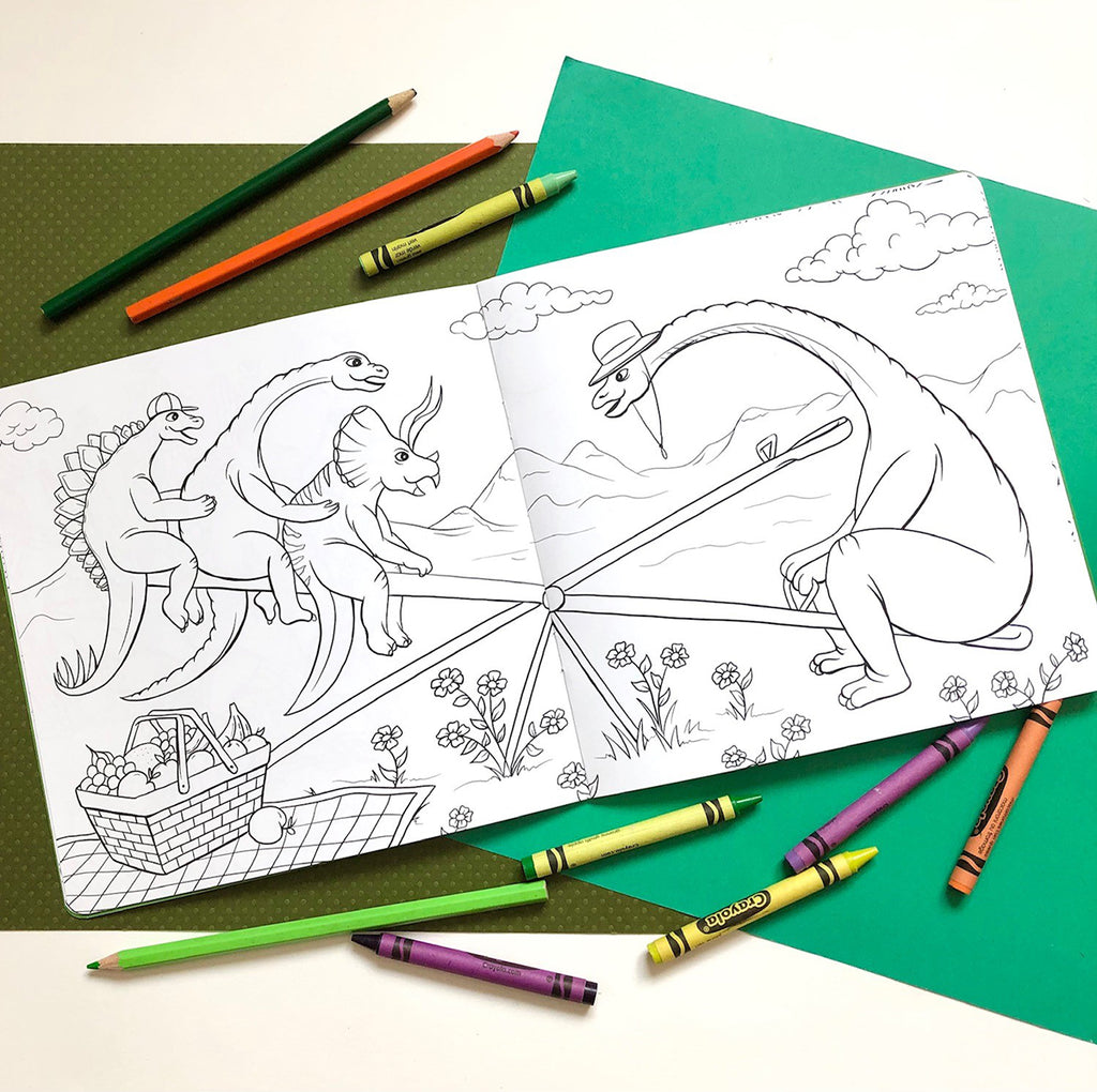 cahier à colorier de dinosaures par l'artiste autrice et illustratrice Amélie Legault, cahier à colorier pour enfants avec des dinosaures, fait au Québec, dinosaures au parc