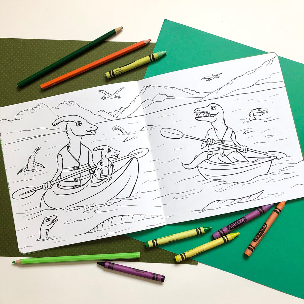  dinosaur coloring book by artist author and illustrator Amélie Legault, coloring book for children with dinosaurs, made in Canada, dinosaur kayaking