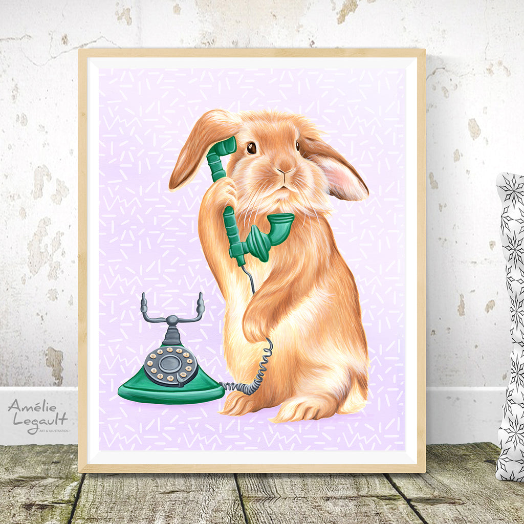 Rabbit illustration, rabbit print, rabbit painting, holland hop, on the phone, art print, vintage phone, rotary phone, amelie legault