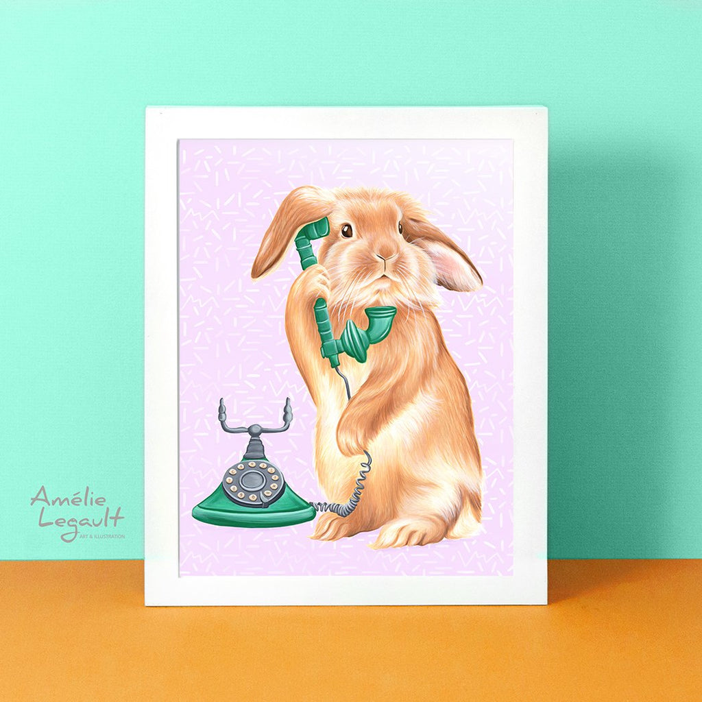 Rabbit illustration, rabbit print, rabbit painting, holland hop, on the phone, art print, vintage phone, rotary phone, amelie legault, wall art