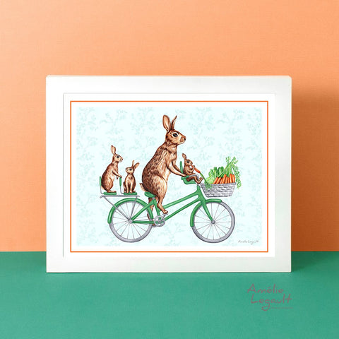 Rabbit family on a bike, art print, bunnies illustration, rabbit decoration, rabbit illustration, rabbit artwork, rabbit print, amelie legault, bicycle print, bicycle artwork