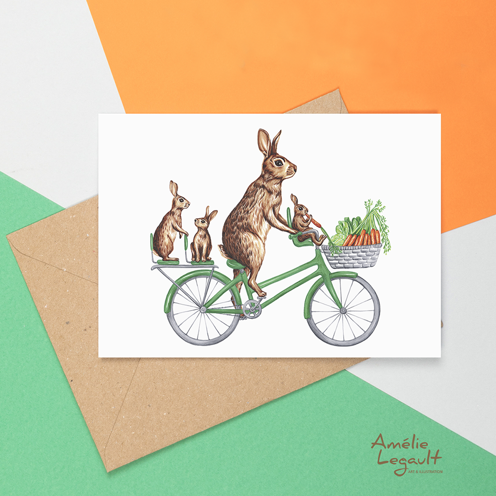 rabbit card, rabbit greeting card, bunny birthday card, carte de lapin, carte de fête, Amelie legault, lapin à vélo, rabbit on bike