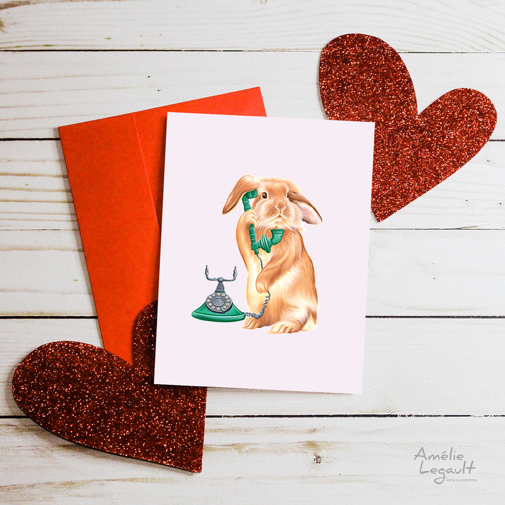 Valentine's day card, hello i love you, carte st-valentin, allo je t'aime, amélie legault, lapin, rabbit, bunny, téléphone, phone
