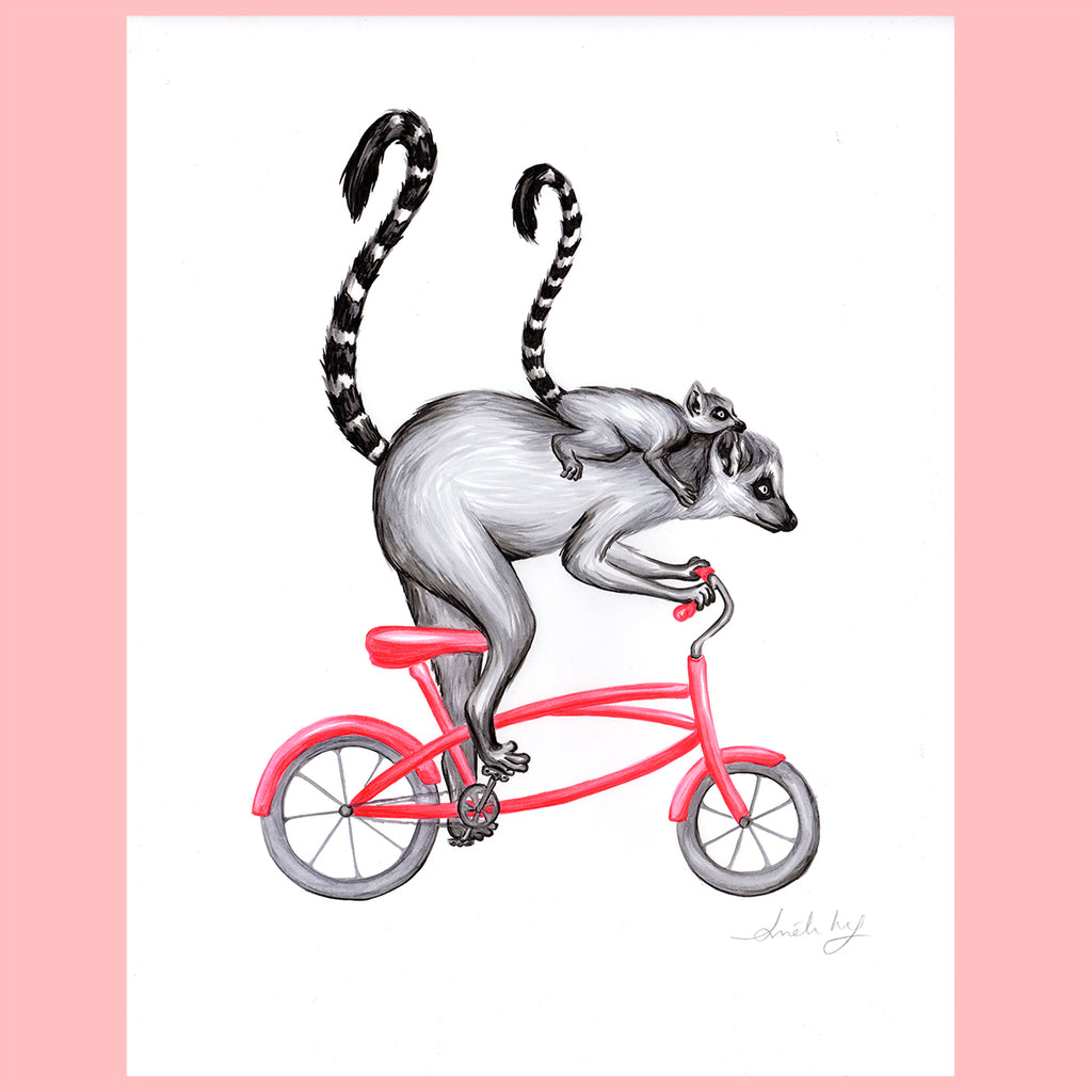 Lemurs on a bike - Original artwork, Amelie Legault, lemur illustration