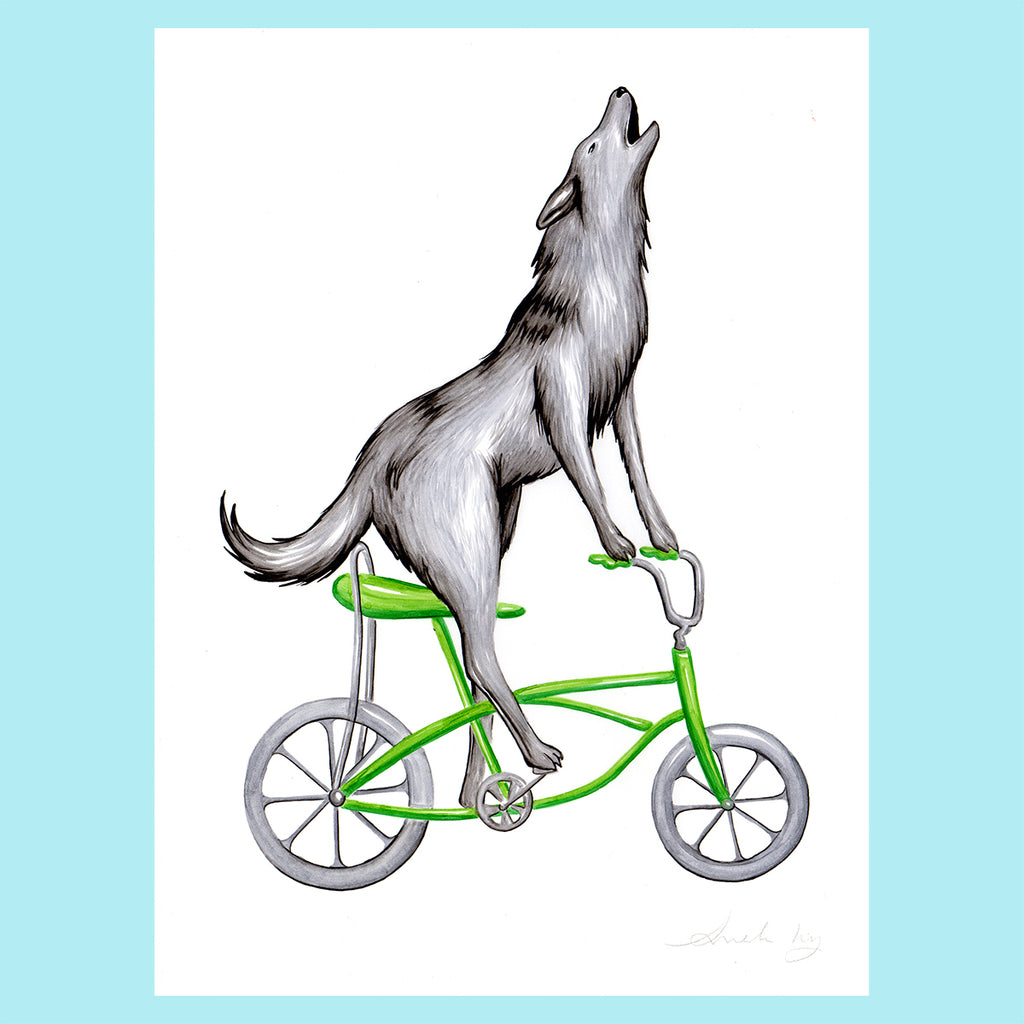 Wolf illustration, Wolf on a bike, Amelie  Legault, original artwork