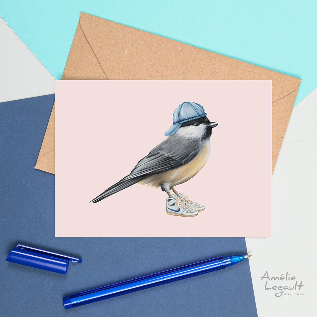 chickadee card with hat and shoes, chickadee birthday card, bird card by Amélie Legault,