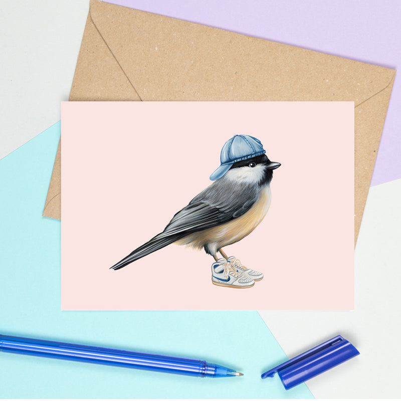 carte de souhaits d'oiseau mésange avec tuque et souliers, carte d'oiseau, carte de fête, Amélie Legault 