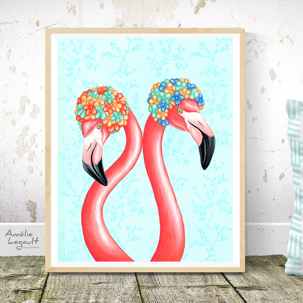 Flamingo art, flamingo love, amelie legault, flamingo illustration, swim caps, art print, flamingo decor