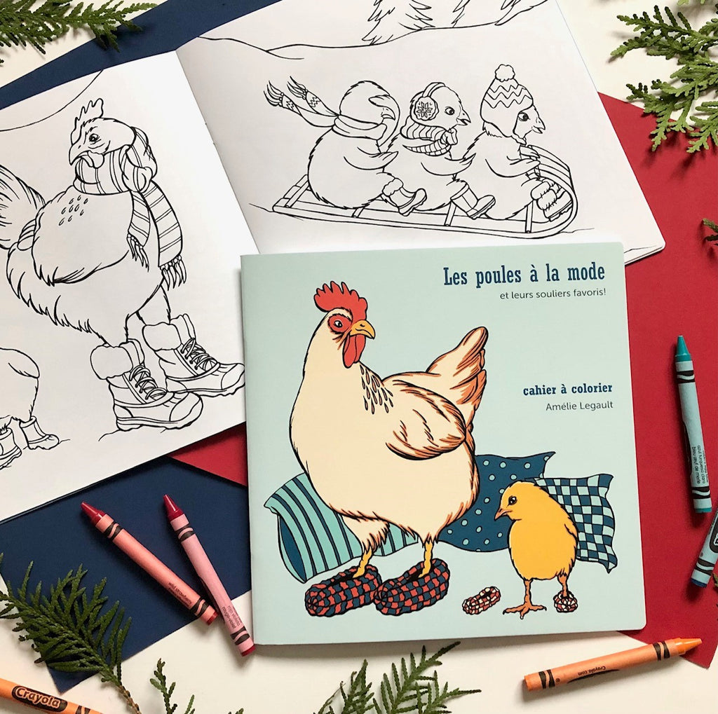 cahier à colorier, les poules à la mode, poule, dessins de poule, amélie legault, illustration de poule, coloriage pour enfants