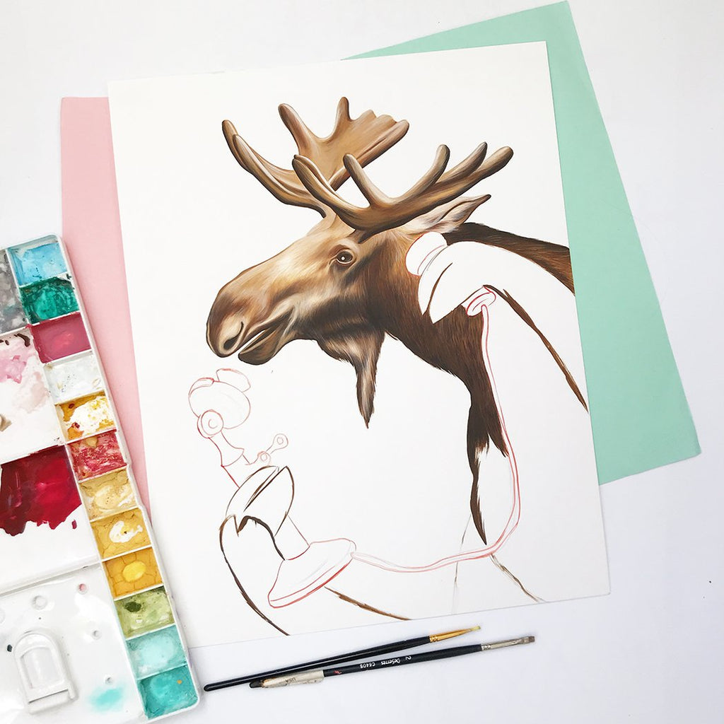 gouache painting, made in canada, canadian artist, canadian art, canadian animal, amelie legault, moose painting