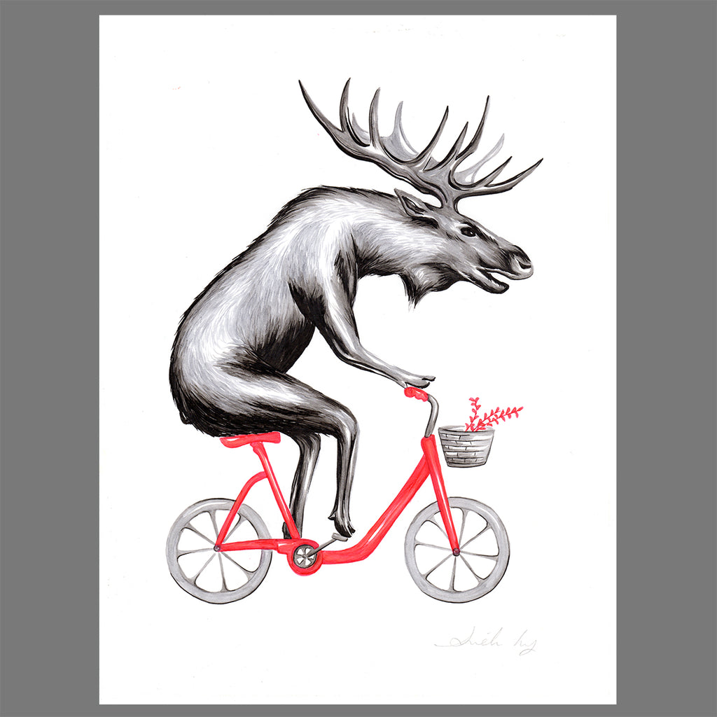 Moose on a bike - Original Artwork- Amelie Legault
