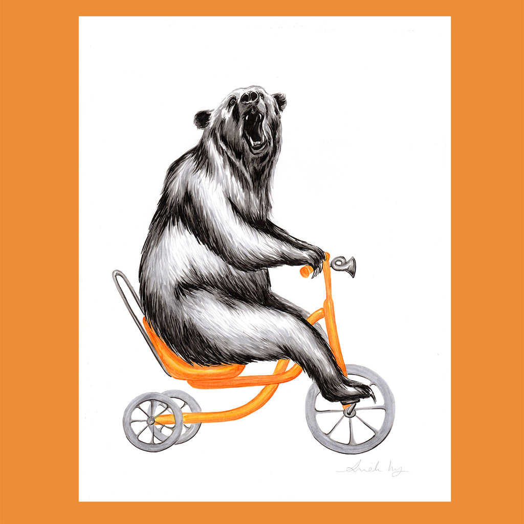 Bear on a bike, Original Artwork, amélie legault, ink-artwork, bear illustration