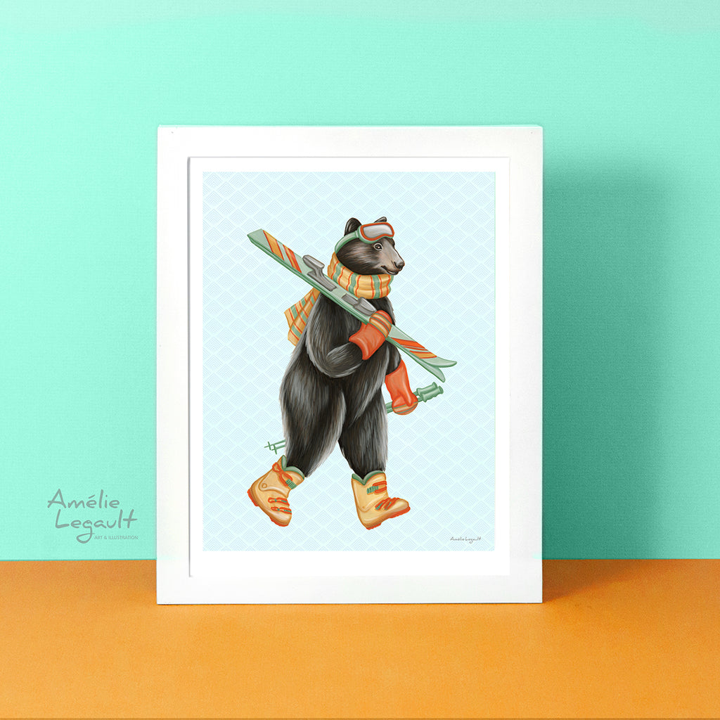 Black bear skiing art print by Canadian Artist Amelie Legault, affiche d'ours noir en ski par l'artiste québécoise Amélie Legault, ski alpin, montagnes, rocheuse, british columbia, colombie britanique