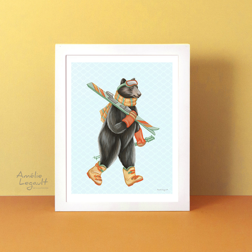 Black bear skiing art print by Canadian Artist Amelie Legault, affiche d'ours noir en ski par l'artiste québécoise Amélie Legault, ski alpin, montagnes, rocheuse, british columbia, colombie britanique
