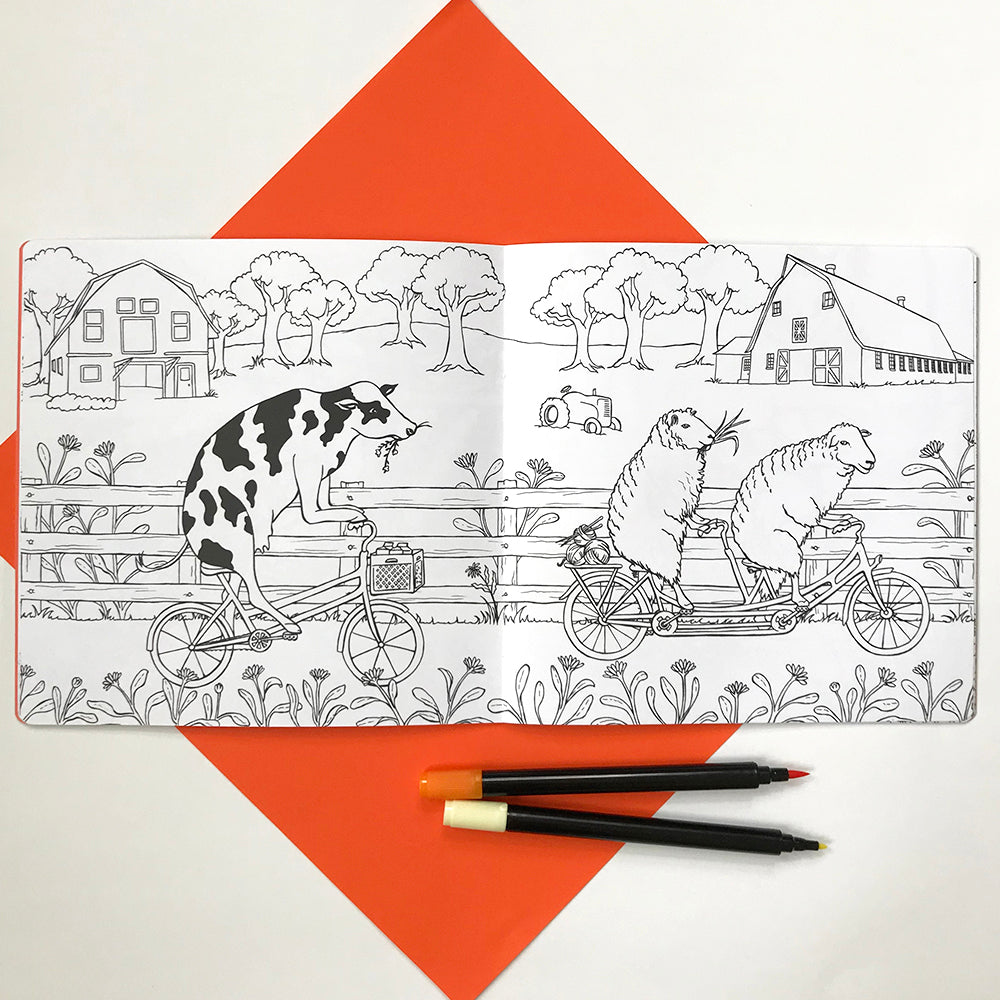 Cahier à colorier, Animaux à vélo, animaux de la ferme, vache, mouton, illustration de bicyclette, amelie legault, coloriage pour enfants