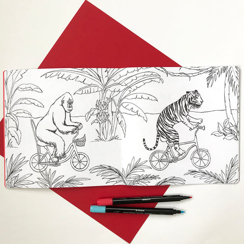Cahier à colorier, Animaux à vélo, Amélie Legault, fait au québec, gorille, tigre, coloriage pour enfants