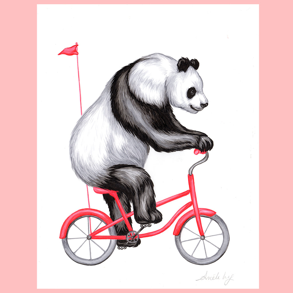 Panda on a bike - Original artwork, panda illustration, amelie legault