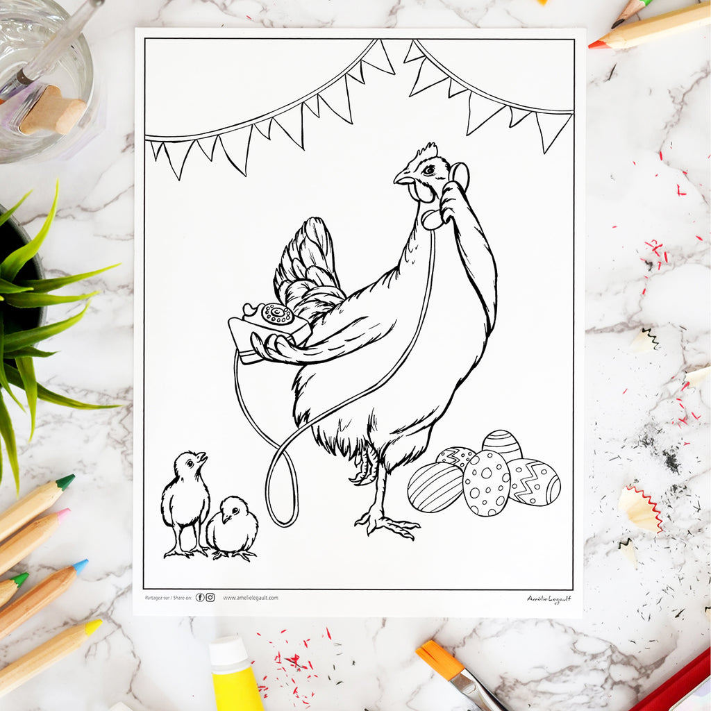 Easter, happy easter, free coloring, free colouring, chicken. hen, bunny, rabbit, amelie legault, easter bunny, easter eggs, animals on the phone