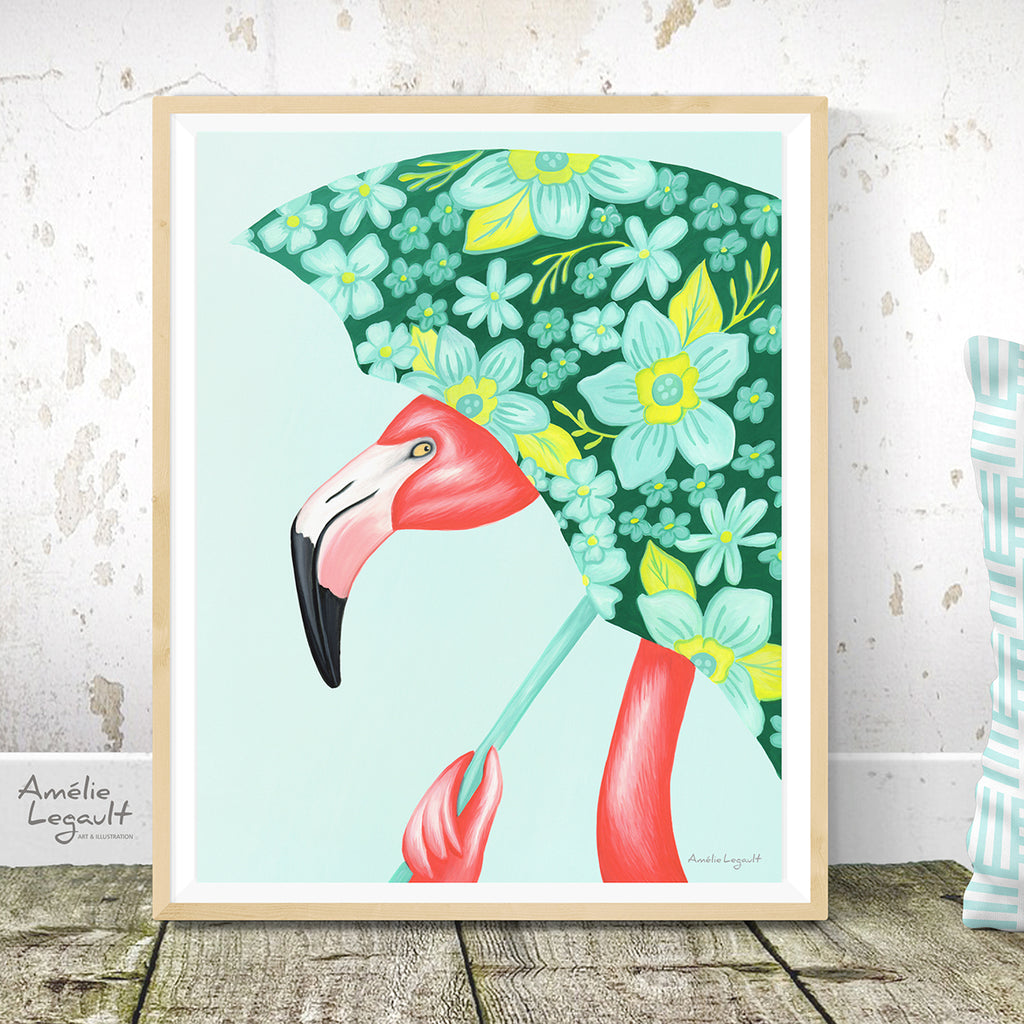 flamingo art, flamingo love, flamingo decor, flamingo illustration, umbrella art, umbrella illustration, amelie legault, flamingo with umbrella, flowered umbrella, rainy days
