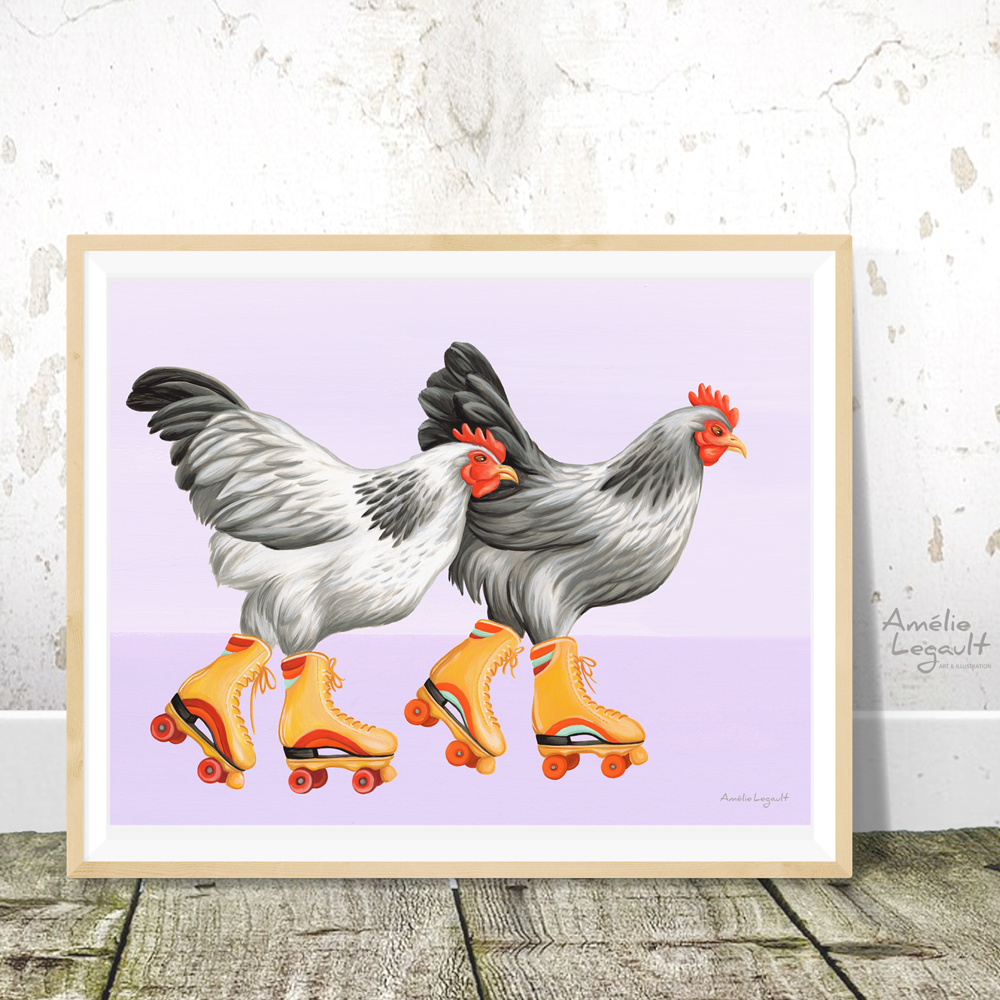 Roller skating Hens, Chickens art print, Home Decor, hen illustration, chicken illustration, roller skate illustration, roller skate painting, gouache painting, amelie legault, canadian artist, canadian art, made in canada