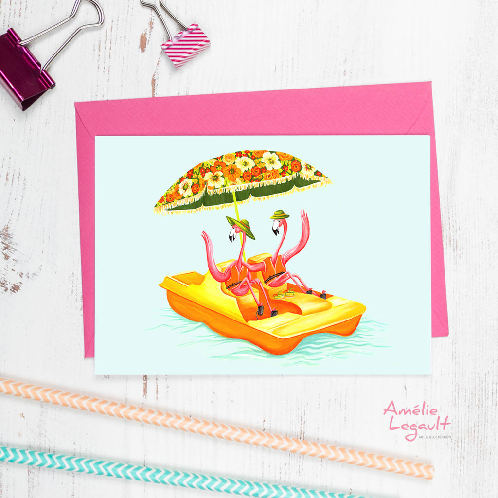 Pink flamingo, pedal boat, greeting card, birthday card, amelie legault 