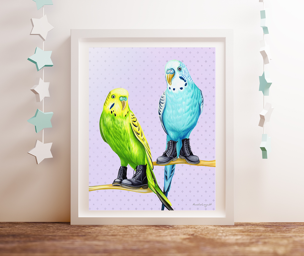 Parakeets wearing boots, art Print, gouache painting, home decor, boots, prints, art, illustration, amelie legault, canadian artist, made in canada