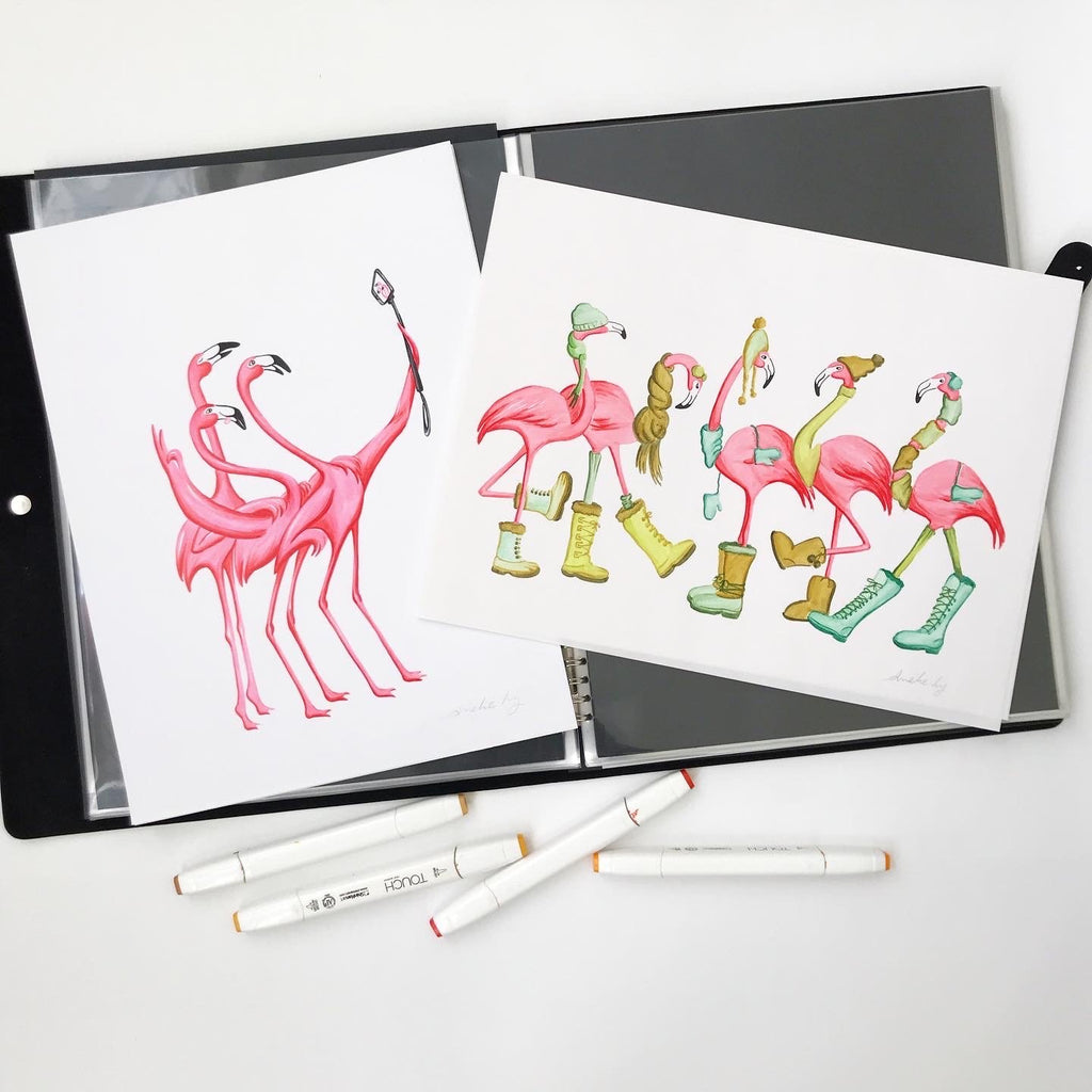 flamingo illustration, ink drawing, amelie legault, original art 