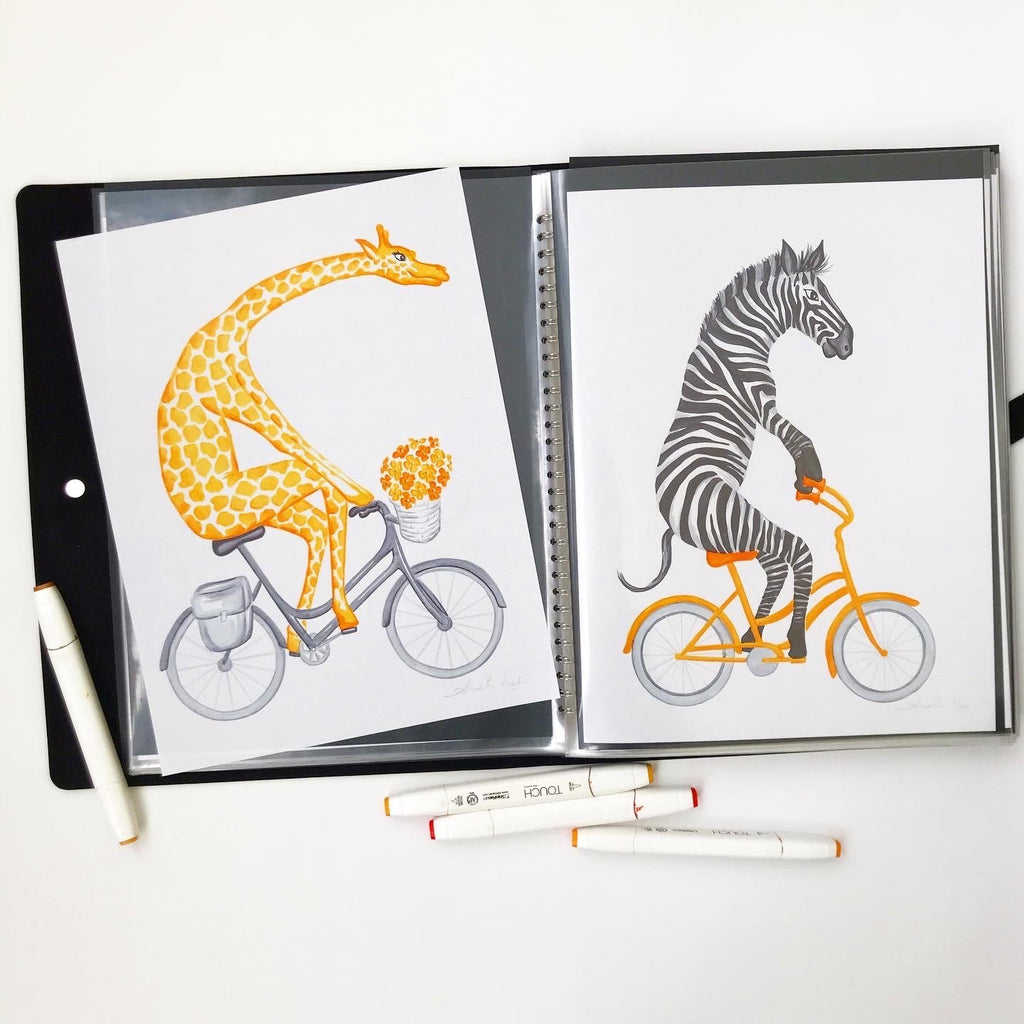 animals on bikes, amelie legault, ink drawing, original artwork