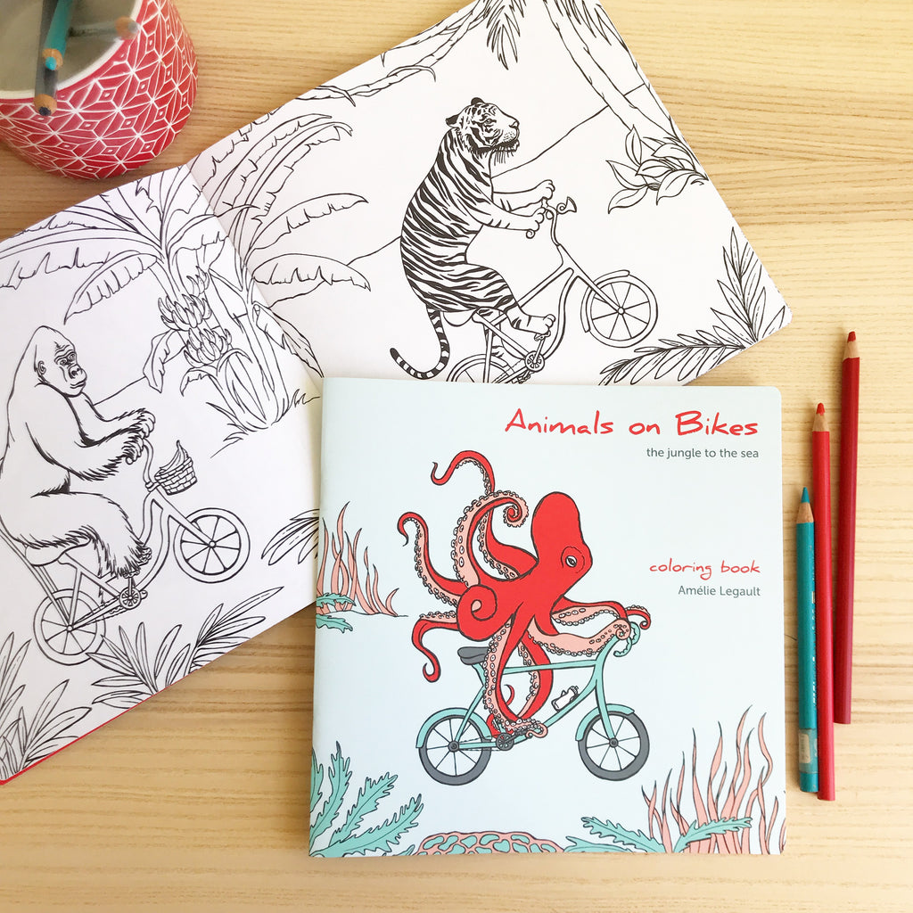 Coloring book, Animals on bikes, from the jungle to the sea, sea animal, octopus illustration, jungle animals, amelie legault, coloring for kids, canadian artist, made in canada, easter gift
