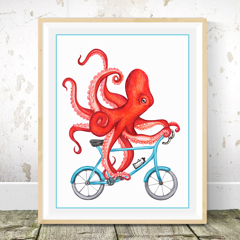 Octopus on a bike, art Print, octopus Drawing, otopus artwork, giant squid, amelie legault, octopus illustration, sea animal