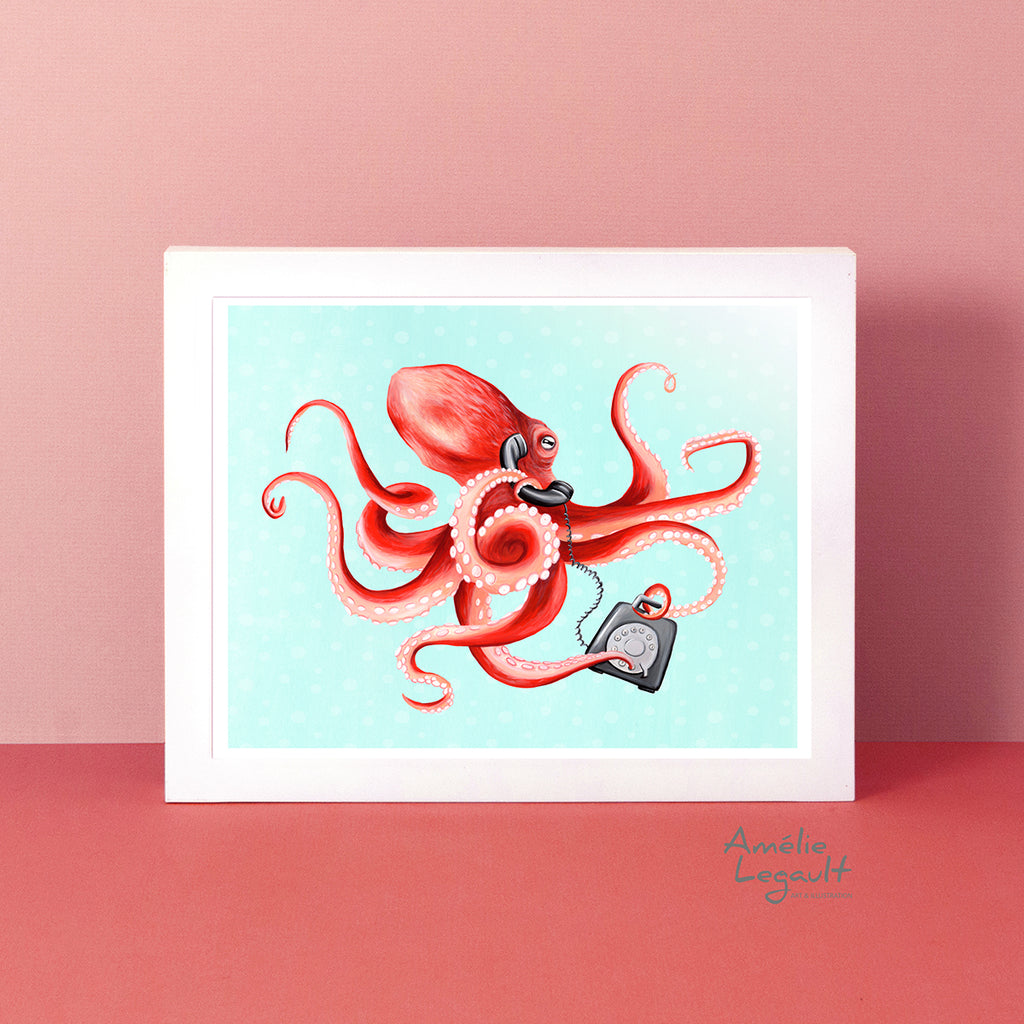 octopus painting, octopus on the phone, Amelie legault, octopus illustration, octopus art work, vintage phone, hello