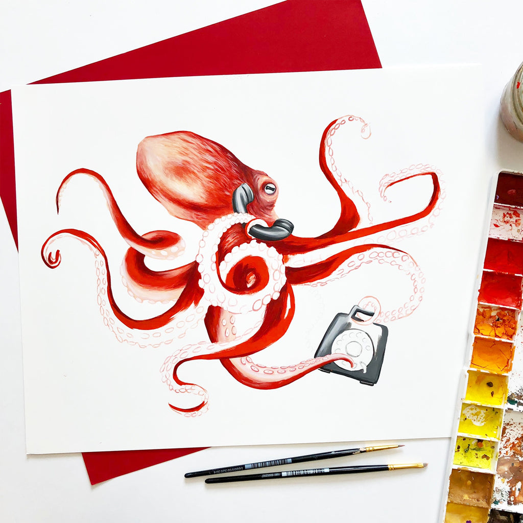 octopus painting, octopus on the phone, Amelie legault, octopus illustration, octopus art work, vintage phone, hello, canadian artist, made in canada