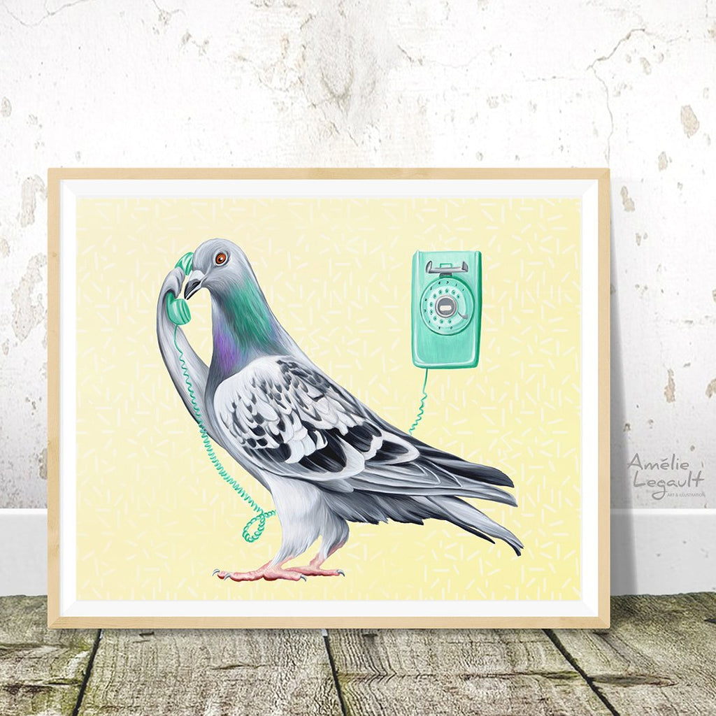 illustration de pigeon, pigeon voyageur, peinture de pigeon, affiche de pigeon, montreal, amelie legault, téléphone mural, téléphone vintage, artiste québécoise, fait au québec