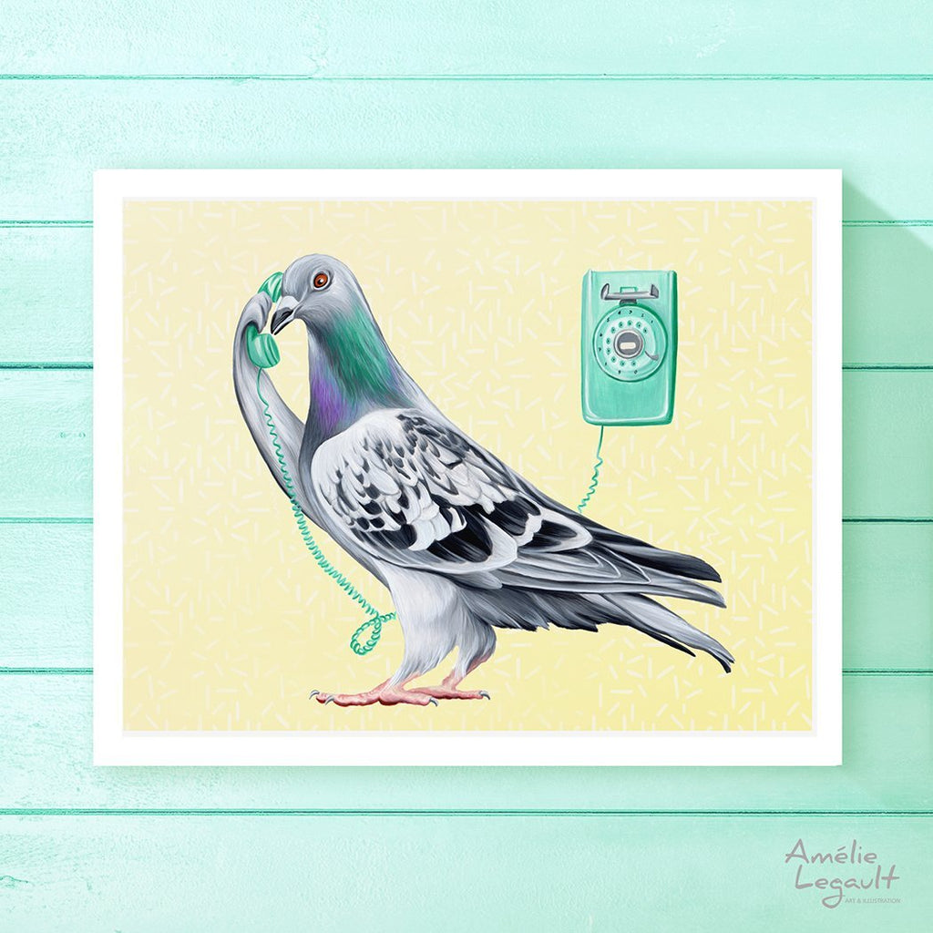 pigeon illustration, homing pigeon, pigeon art work, pigeon art print, amelie legault, phone illustration, vintage phone, wall phone, canadian art, canadian artist, made in canada