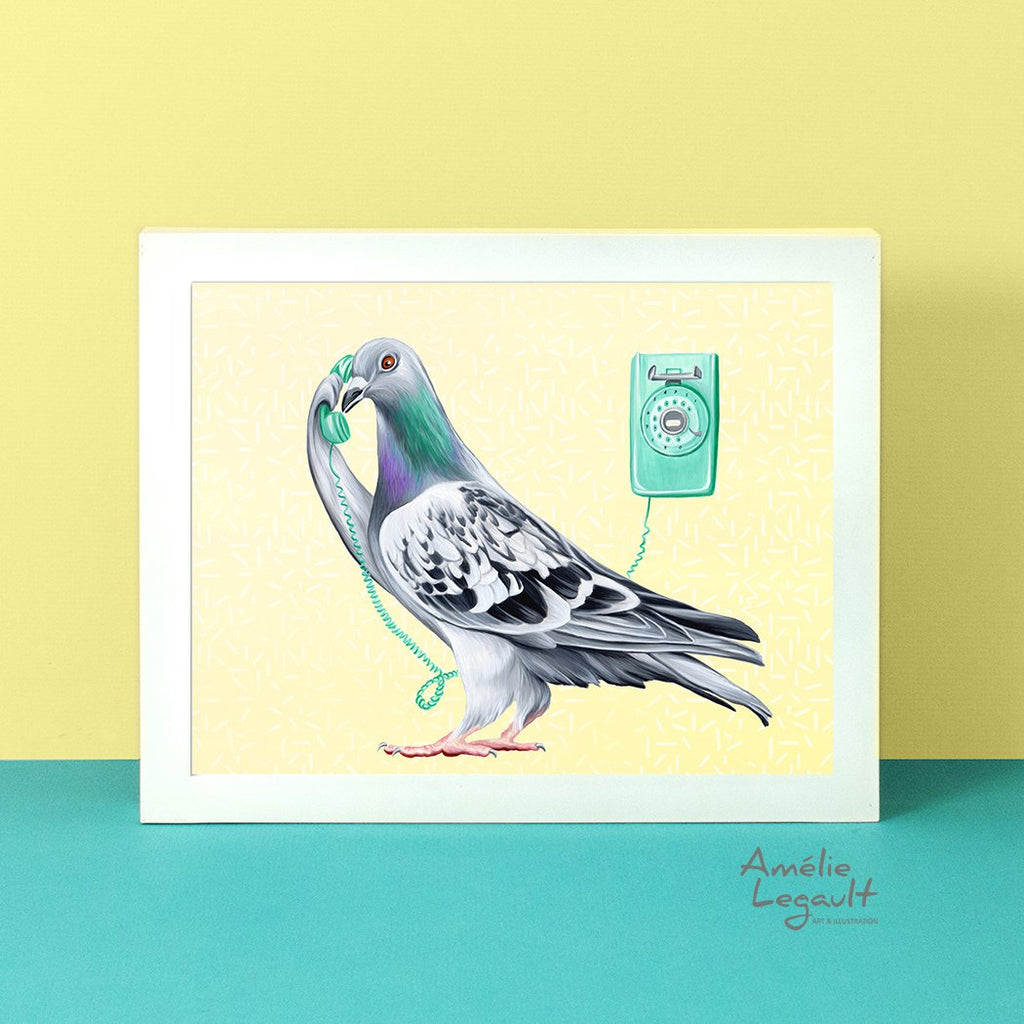 pigeon illustration, homing pigeon, pigeon art work, pigeon art print, amelie legault, phone illustration, vintage phone, wall phone, canadian art, canadian artist, made in canada