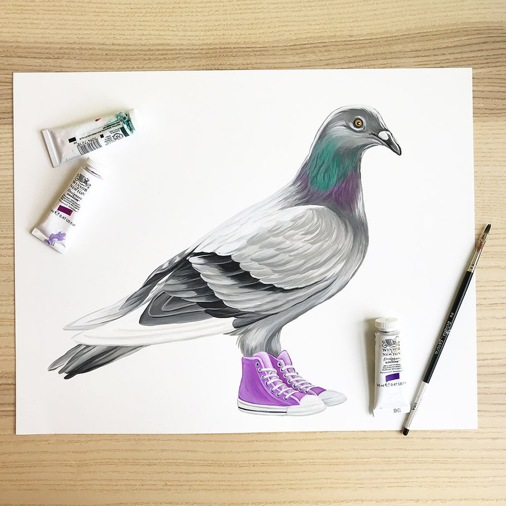 gouache painting, pigeon painting, converse shoes, purple converse, converse painting, amelie legault, made in canada, canadian artist