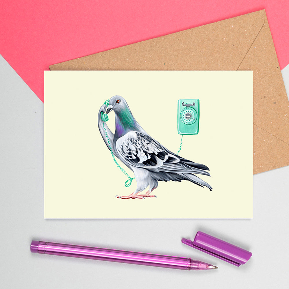 pigeon au téléphone, carte de souhaits, carte d'anniversaire, carte de pigeon, téléphone mural, amelie legault, fait au québec