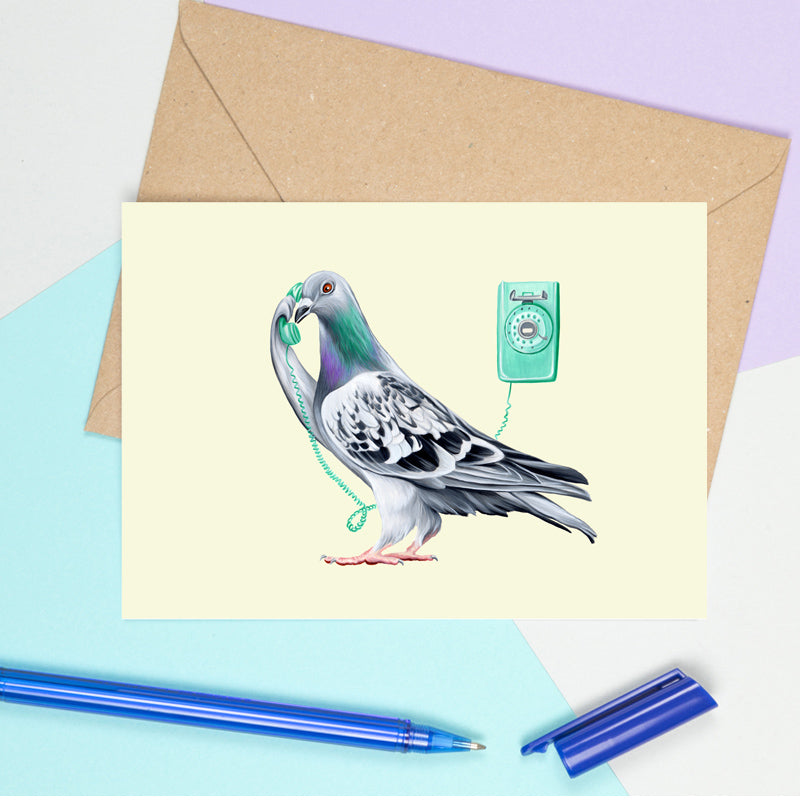 pigeon on the phone, pigeon card, greeting card, birthday card, amelie legault, pigeon illustration, made in canada