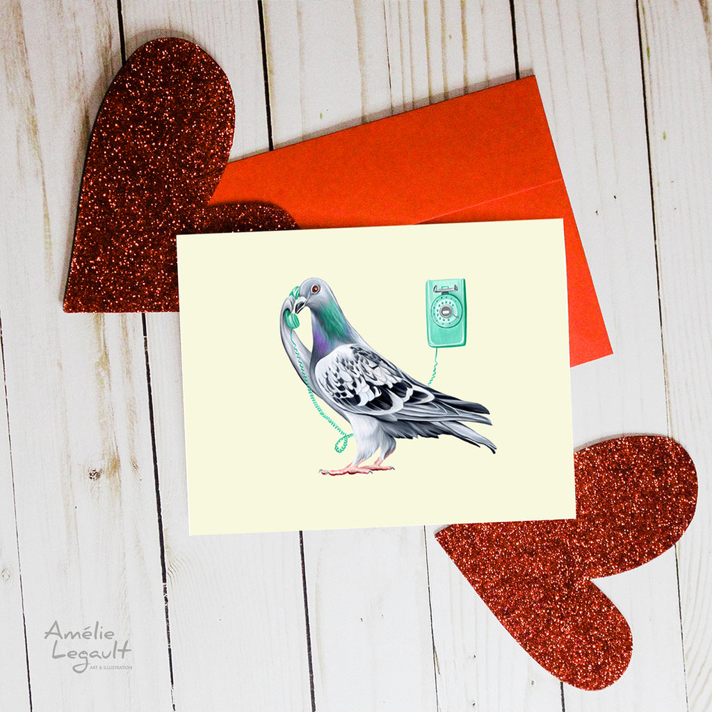 Valentine's day card, hello i love you, carte st-valentin, allo je t'aime, amélie legault, pigeon, téléphone, phone
