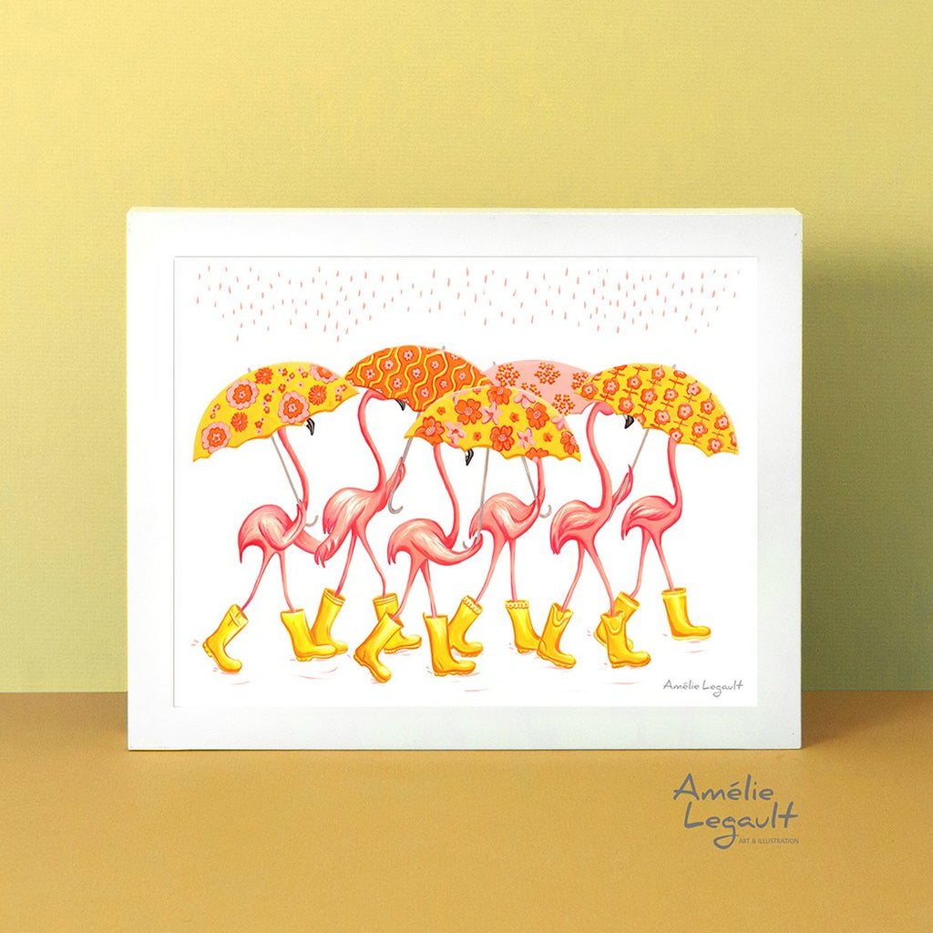 Pink Flamingo, umbrellas, rain boots, art Print, home decor, flamingo art, flamingo love, flamingo decor, flamingo illustration, amelie legault, umbrella illustration, umbrella art, flowered umbrellas