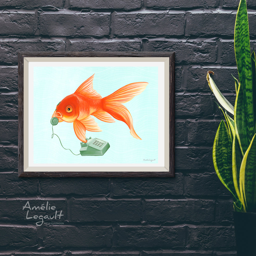 poisson rouge, illustration de poisson rouge, peinture de poisson rouge, dessin de poisson rouge, décoration de poisson rouge, Amélie Legault, affiche, poisson au téléphone, artiste québécoise