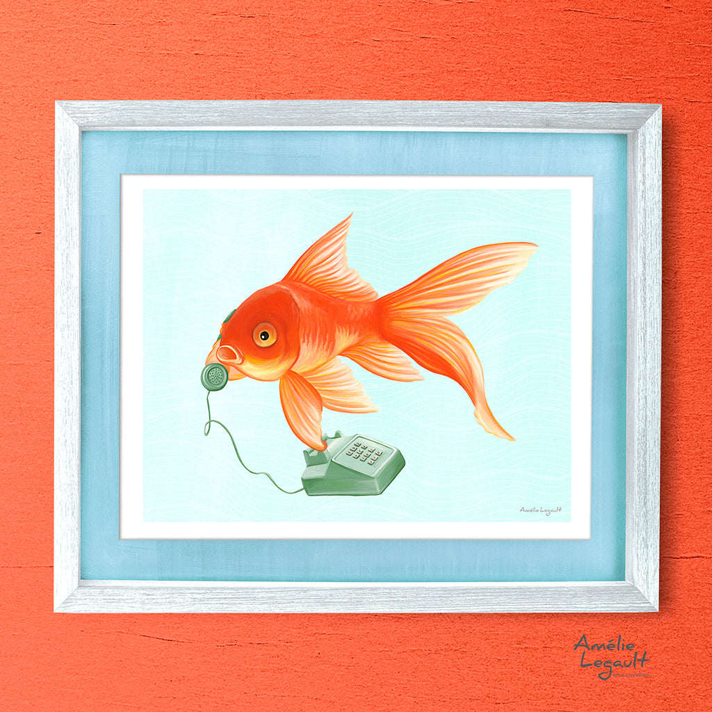 goldfish artwork, goldfish art print, goldfish decor, goldfish painting, goldfish drawing, goldfish on the phone, hello, amelie legault, canadian artist