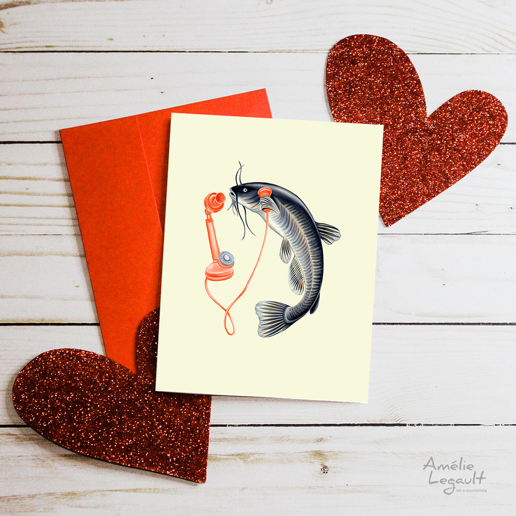 Valentine's day card, hello i love you, carte st-valentin, allo je t'aime, amélie legault, poisson, fish, téléphone, phone