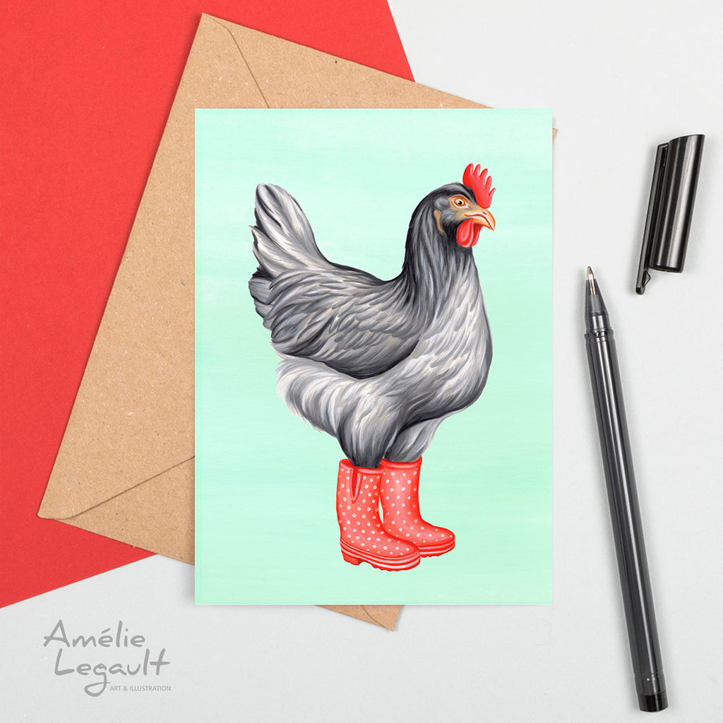 Hen, chicken, rainboots, greeting card, birthday card, amelie legault 