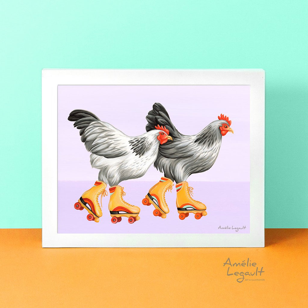 Roller skating Hens, Chickens art print, Home Decor, hen illustration, chicken illustration, roller skate illustration, roller skate painting, gouache painting, amelie legault, canadian artist, canadian art, made in canada