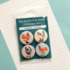 Set of 4 fashionable hens magnets, chicken magnets, by artist and illustrator Amelie Legault 