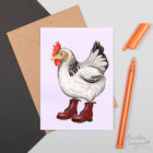 Hen, chicken, boots, card, birthday card, amelie legault