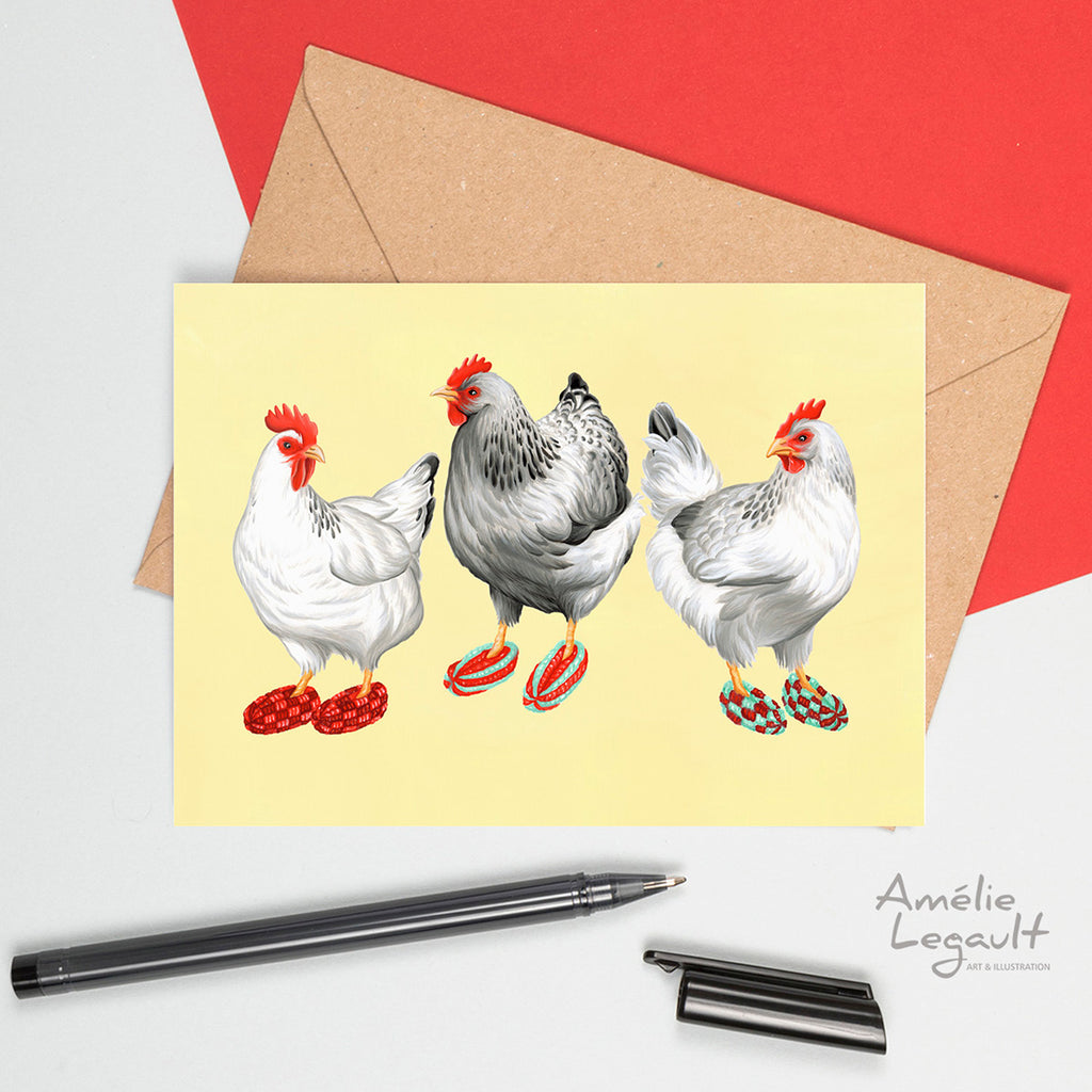 Chickens, hen, phentex slippers, birthday card, greeting card, holiday card, amelie legault