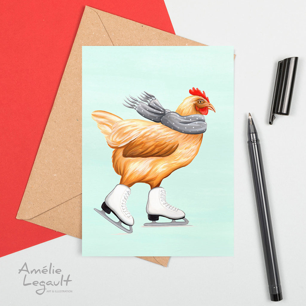 Ice skating, hen, card, chicken, amelie legault, holiday card, birthday card