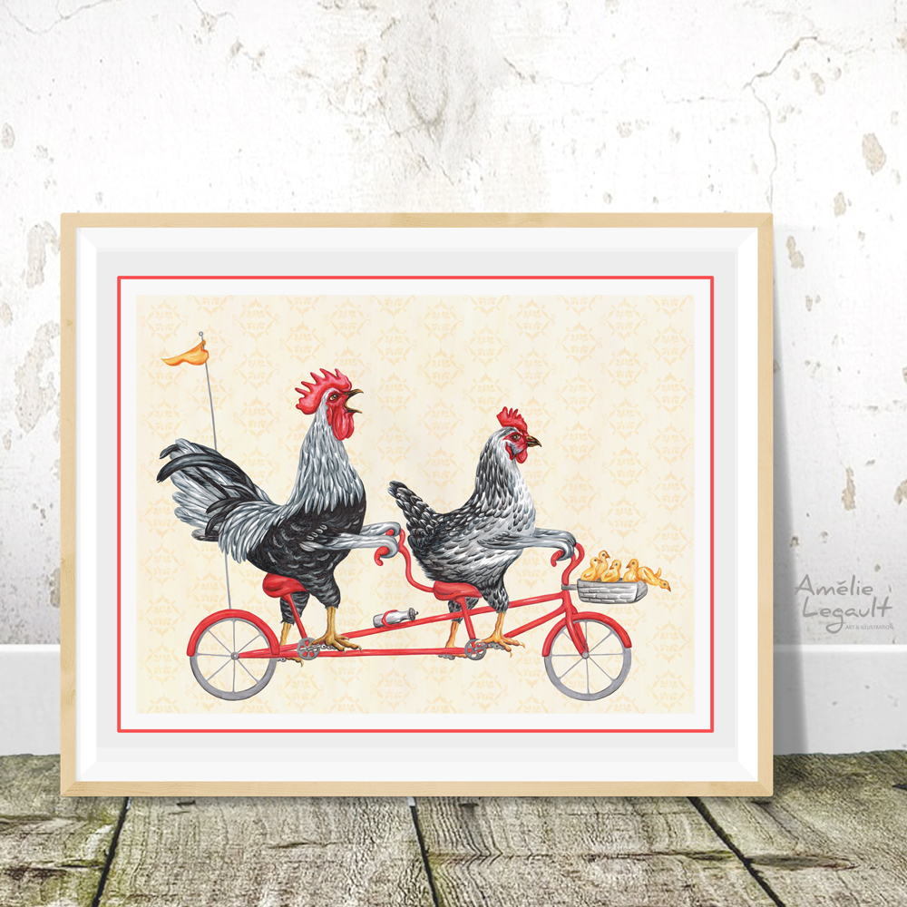 Chicken family on tandem bicycle, art print, kitchen decor, kitchen art, amélie legault, hen illustration, rooster illustration, chicks, tandem bike illustration, artwork